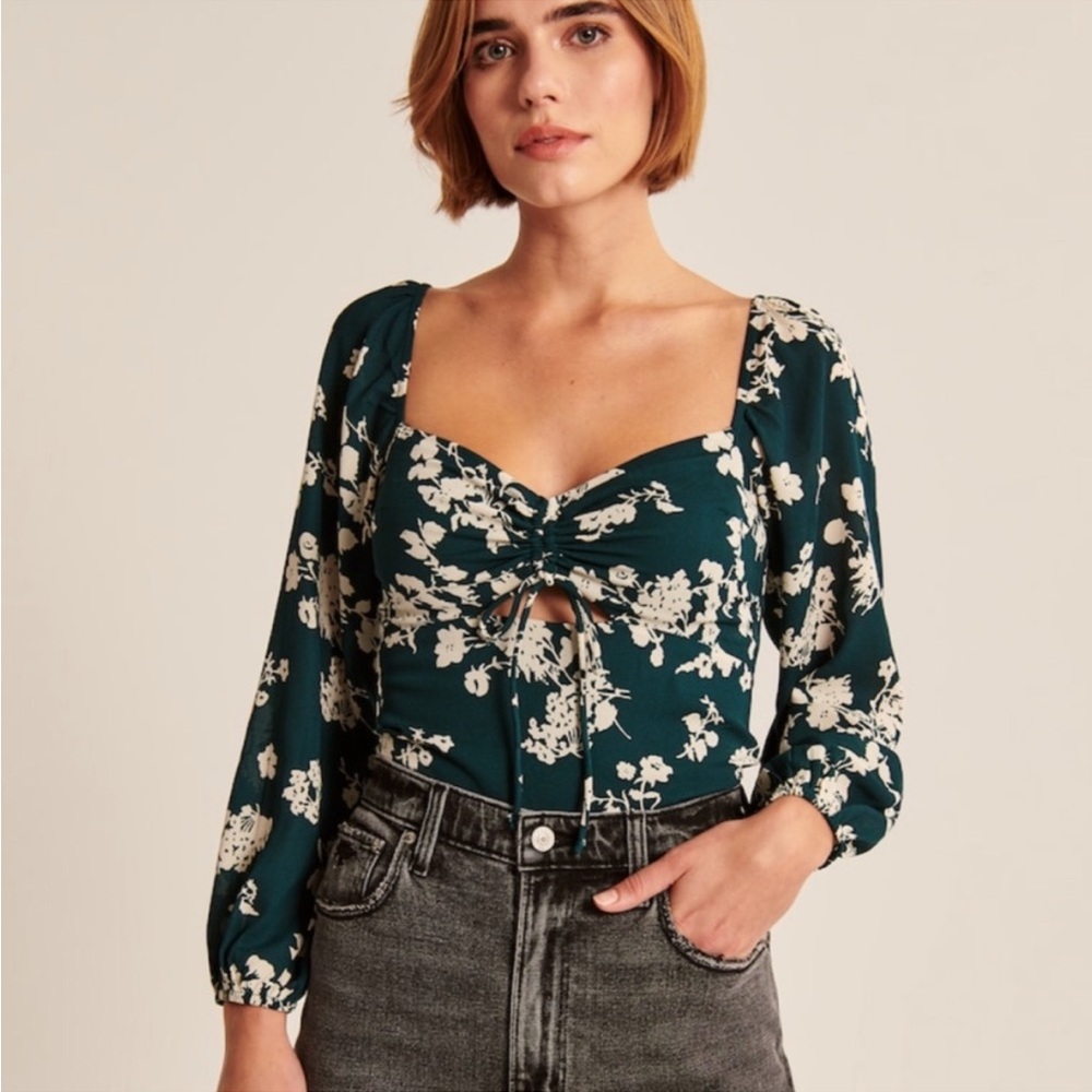 NWT Abercrombie and Fitch Green Floral Cinched Longsleeve Blouse Sz S - Picture 5 of 10